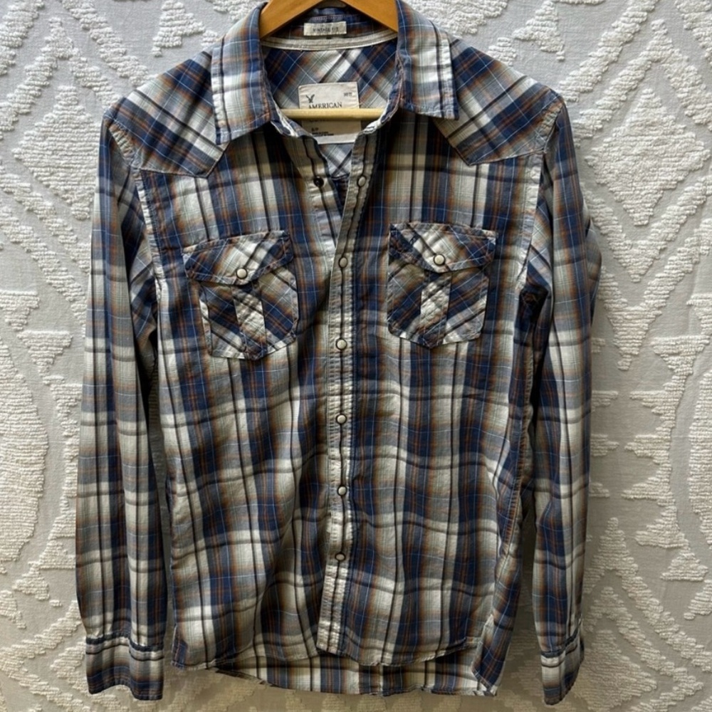 Men’s American Eagle Cotton Plaid Long Sleeve Snap Button Shirt